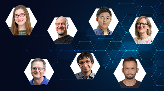 a dark blue graphic with headshots of 7 researchers in a collage.